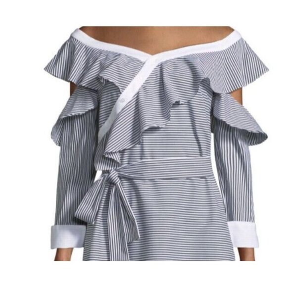 LAUNDRY BY SHELLI SEGAL Striped Cold-Shoulder Waist Tie Ruffled Dress Size 0 - Picture 3 of 9